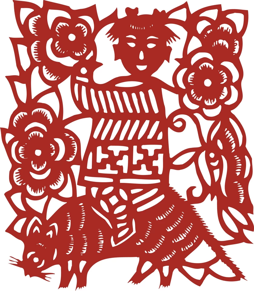 中国风中式传统喜庆民俗人物动物窗花剪纸插画边框AI矢量PNG素材【1614】